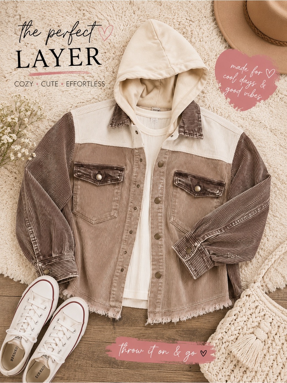 Corduroy Button-Up Jacket with Hooded Layer - Taupe & Cream